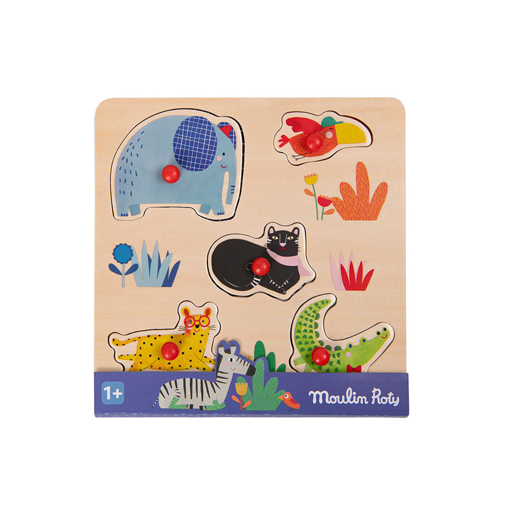 Moulin Roty Knob Puzzle with 5 Pieces, Jungle Animals - Les Toupitis