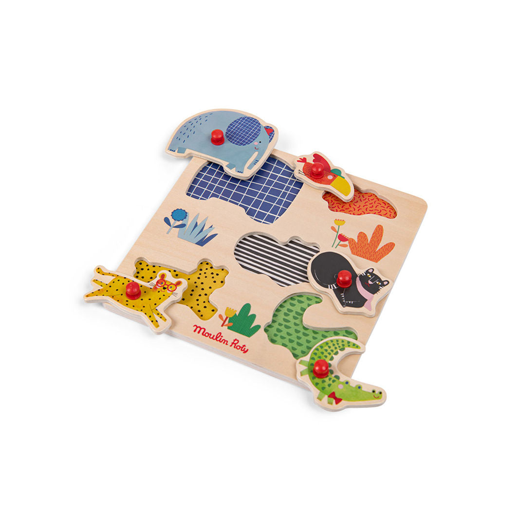 Moulin Roty Knob Puzzle with 5 Pieces, Jungle Animals - Les Toupitis