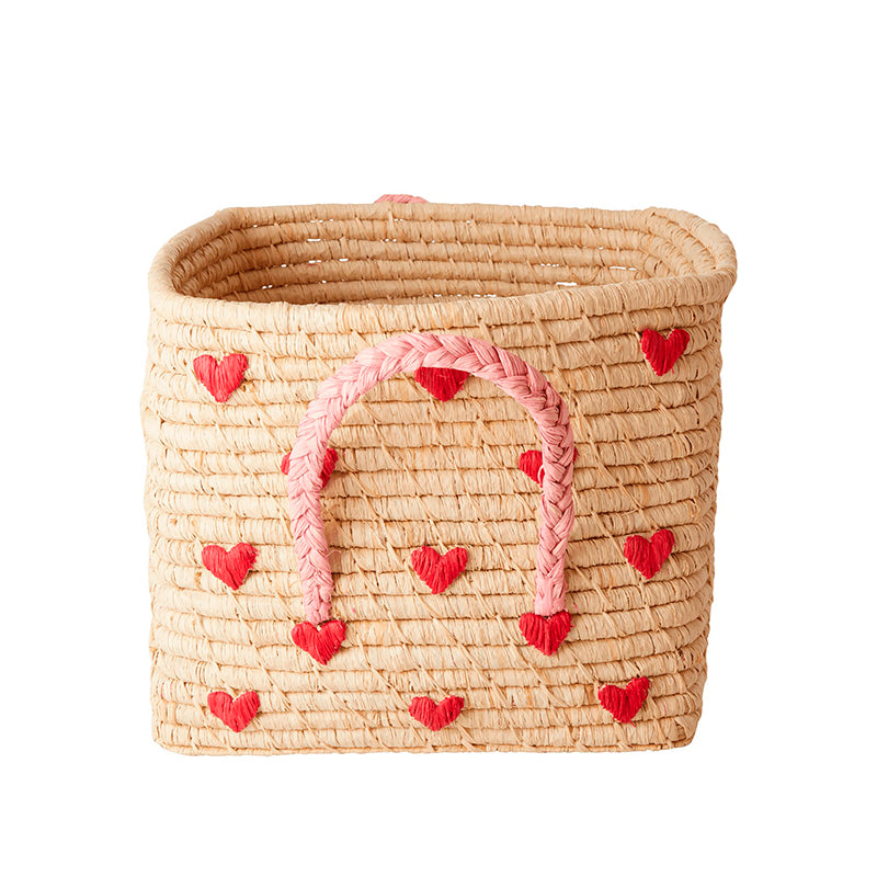 Natural Rice Basket with Embroidered Hearts