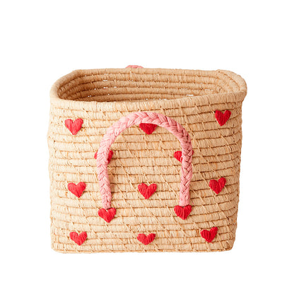 Natural Rice Basket with Embroidered Hearts