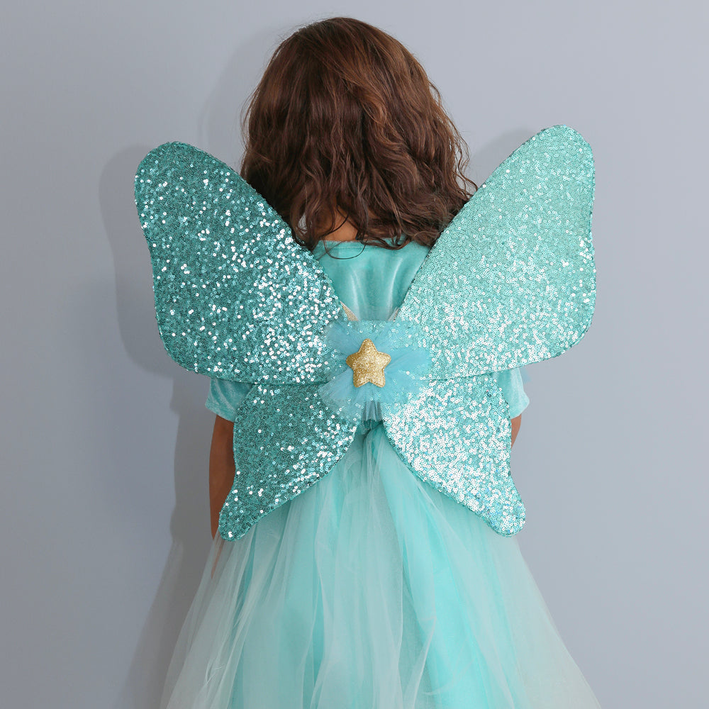 The Good Fairy, Fairy Costume in Turquoise with Wings and Wand - Size 2-8 Years