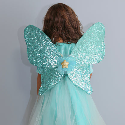 The Good Fairy, Fairy Costume in Turquoise with Wings and Wand - Size 2-8 Years
