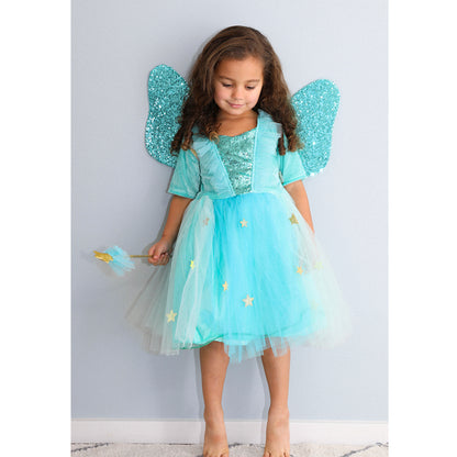 The Good Fairy, Fairy Costume in Turquoise with Wings and Wand - Size 2-8 Years