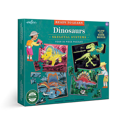 Eeboo 4 Puzzle Set, Dinosaurs, Glow-in-the-Dark – 36 Pieces Each
