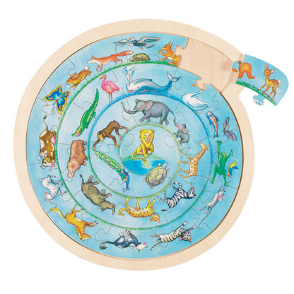 Puslespil i træ med dyremotiver, rundt  - 27 brikker