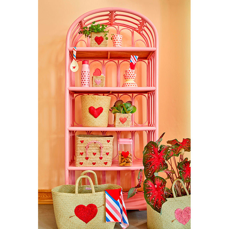 Natural Rice Basket with Embroidered Hearts