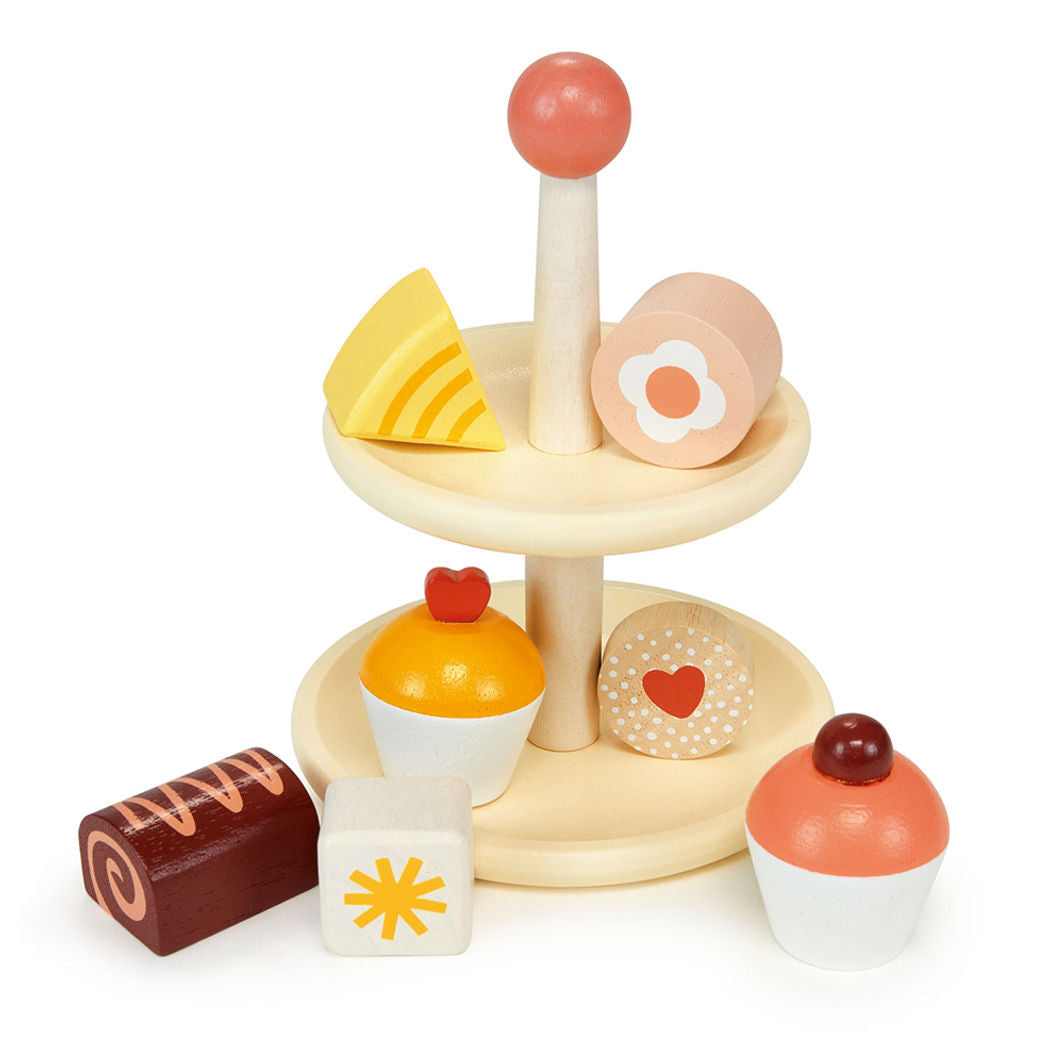 Mentari, Wooden Play Food – Cake Stand with Cakes