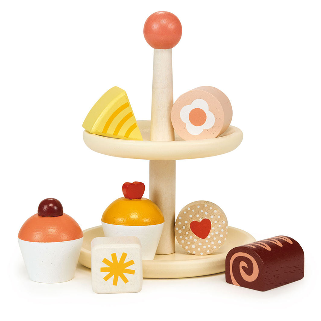 Mentari, Wooden Play Food – Cake Stand with Cakes