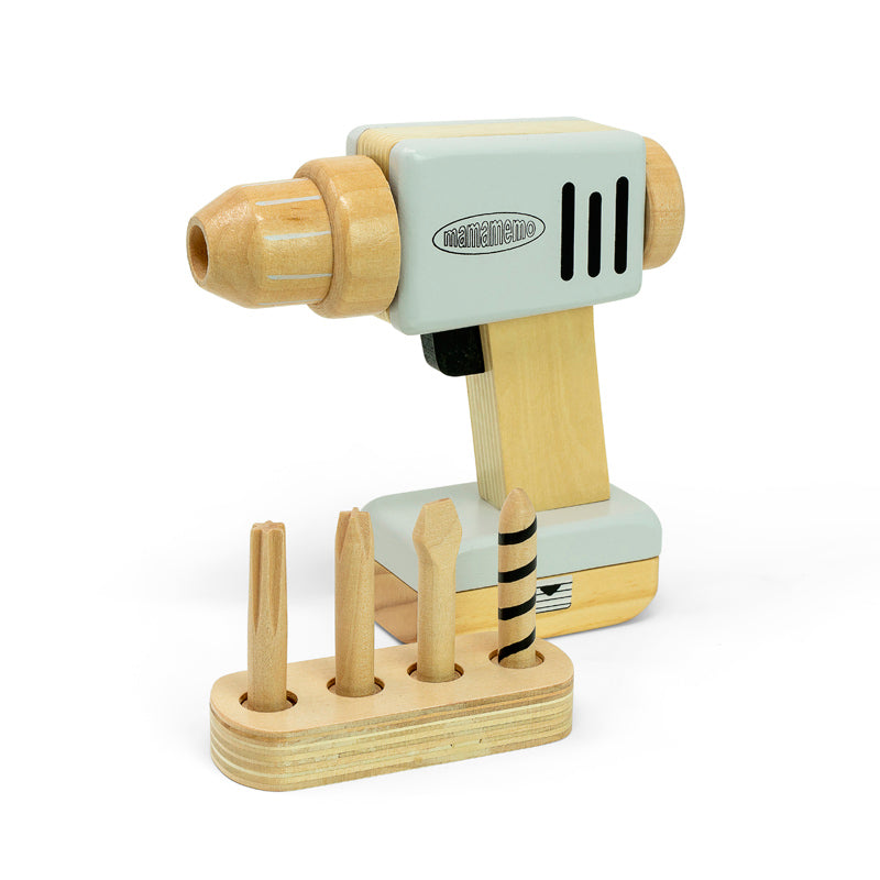 MaMaMeMo Tool, Wooden Drill with 4 Detachable Bits and Battery